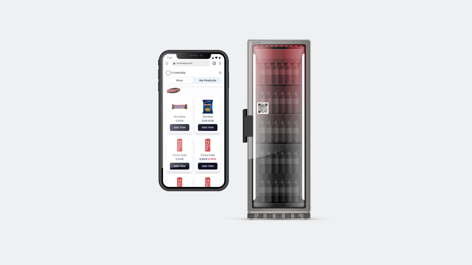 Smart fridge with a QR code and a smartphone showing product selection